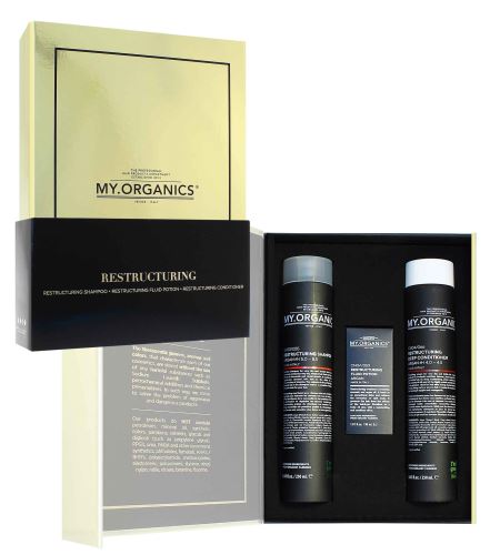 MY.ORGANICS Restructuring Deluxe 2023 dárková sada šampon pro poškozené vlasy 250 ml + kondicionér pro poškozené vlasy 250 ml + vlasový elixír 30 ml
