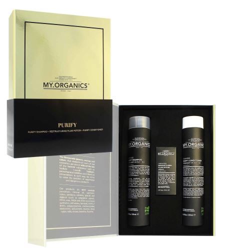 MY.ORGANICS Purify Deluxe 2023 dárková sada šampon proti vypadávání vlasů + kondicionér proti vypadávání vlasů + vlasový elixír 30 ml