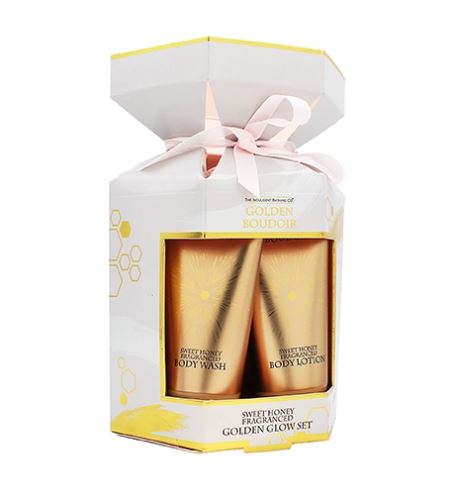 The Indulgent Bathing Co. Golden Boudoir dárková sada sprchový gel 50 ml + tělové mléko 50 ml + sprchová houba
