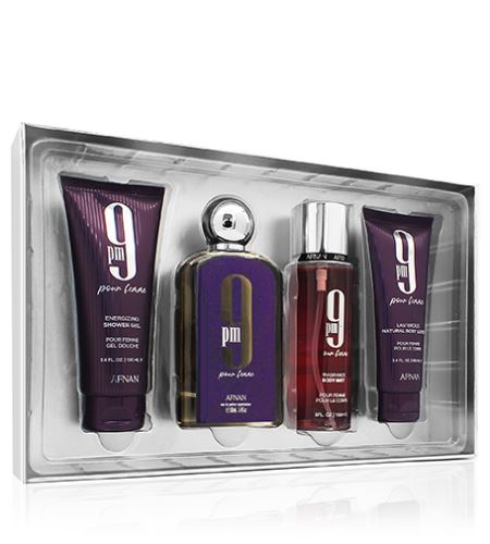 Afnan 9pm Pour Femme dárková sada pro ženy parfémovaná voda 100 ml + sprchový gel 100 ml + tělové mléko 100 ml + tělový sprej 150 ml